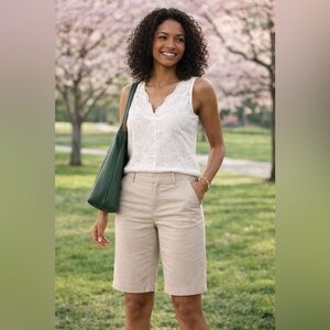 7th Avenue New York & Co Tan Bermuda Shorts Sz 10 Knee Length Slim Fit Beige